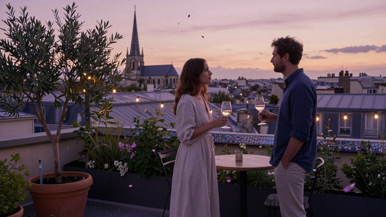 A man and woman sharing wine on a rooftop garden in Paris as the city glows behind them at sunset.