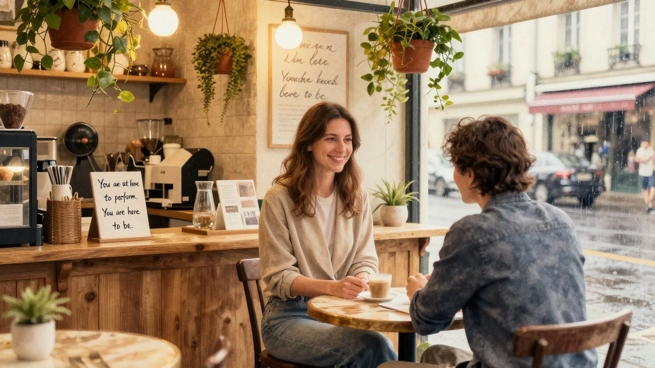 A quiet Parisian café with a sign saying &#039;You are here to be,&#039; warm lights and plants.