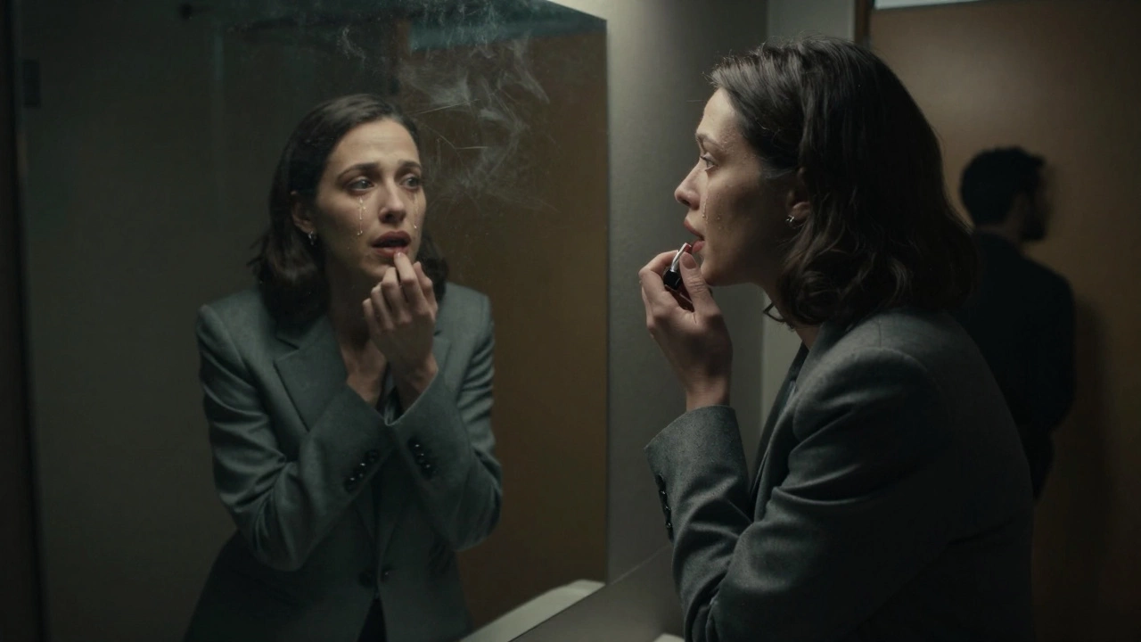 A woman crying in a bathroom mirror, her reflection blurred by steam, shadow outside the door.