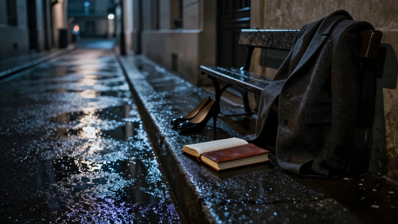 An empty alley in Paris at night with a journal and coat left on a bench under a dim streetlamp.